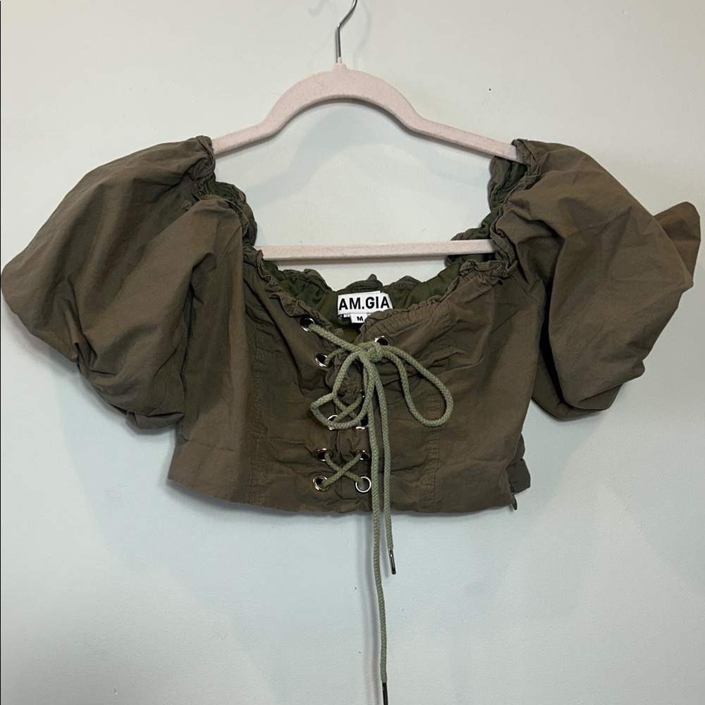 I.AM.GIA Khaki Lace-Up Puff Sleeve Crop Top